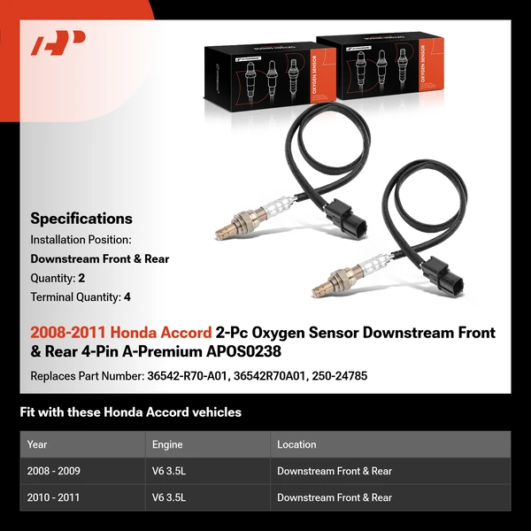 2008-2011 Honda Accord 2-Pc Oxygen Sensor Downstream Front & Rear 4-Pin A-Premium APOS0238