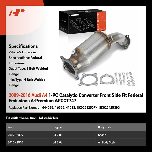 2009-2016 Audi A4 1-PC Catalytic Converter Front Side Fit Federal Emissions A-Premium APCCT747