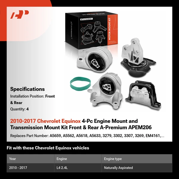 2010-2017 Chevrolet Equinox 4-Pc Engine Mount and Transmission Mount Kit Front & Rear A-Premium APEM206