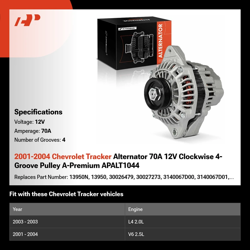 2001-2004 Chevrolet Tracker Alternator 70A 12V Clockwise 4-Groove Pulley A-Premium APALT1044