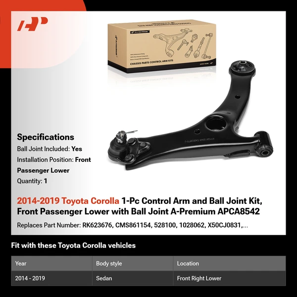 2014-2019 Toyota Corolla 1-Pc Control Arm and Ball Joint Kit, Front Passenger Lower with Ball Joint A-Premium APCA8542