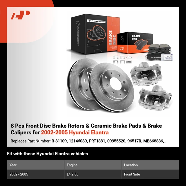 8 Pcs Front Disc Brake Rotors & Ceramic Brake Pads & Brake Calipers for 2002-2005 Hyundai Elantra