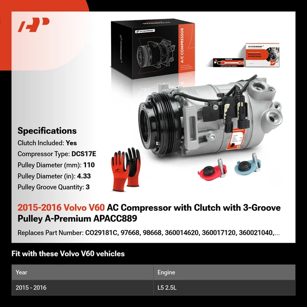 2015-2016 Volvo V60 AC Compressor with Clutch with 3-Groove Pulley A-Premium APACC889