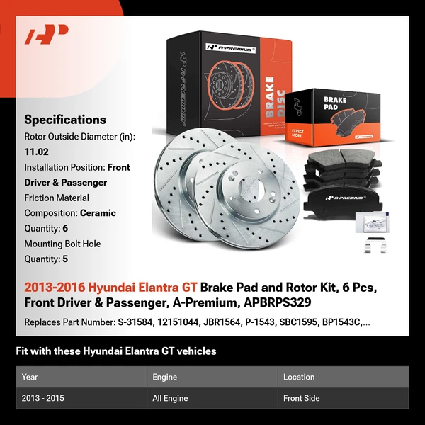 2013-2016 Hyundai Elantra GT Brake Pad and Rotor Kit, 6 Pcs, Front Driver & Passenger, A-Premium, APBRPS329