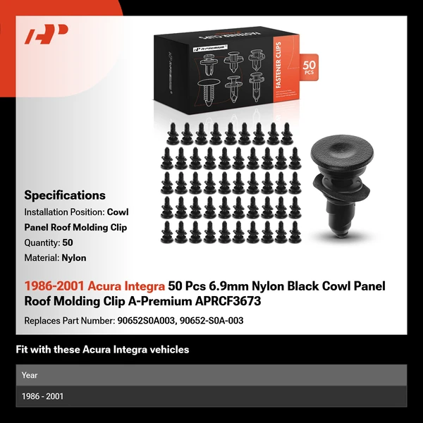 1986-2001 Acura Integra 50 Pcs 6.9mm Nylon Black Cowl Panel Roof Molding Clip A-Premium APRCF3673