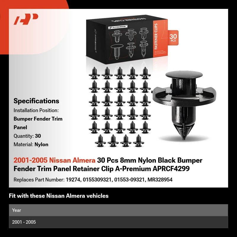 2001-2005 Nissan Almera 30 Pcs 8mm Nylon Black Bumper Fender Trim Panel Retainer Clip A-Premium APRCF4299