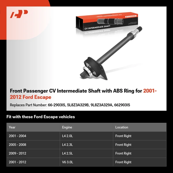 Front Passenger CV Intermediate Shaft with ABS Ring for 2001-2012 Ford Escape
