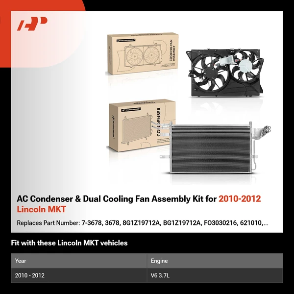 AC Condenser & Dual Cooling Fan Assembly Kit for 2010-2012 Lincoln MKT