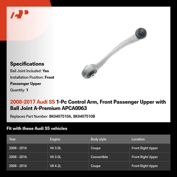 2008-2017 Audi S5 1-Pc Control Arm, Front Passenger Upper with Ball Joint A-Premium APCA0063