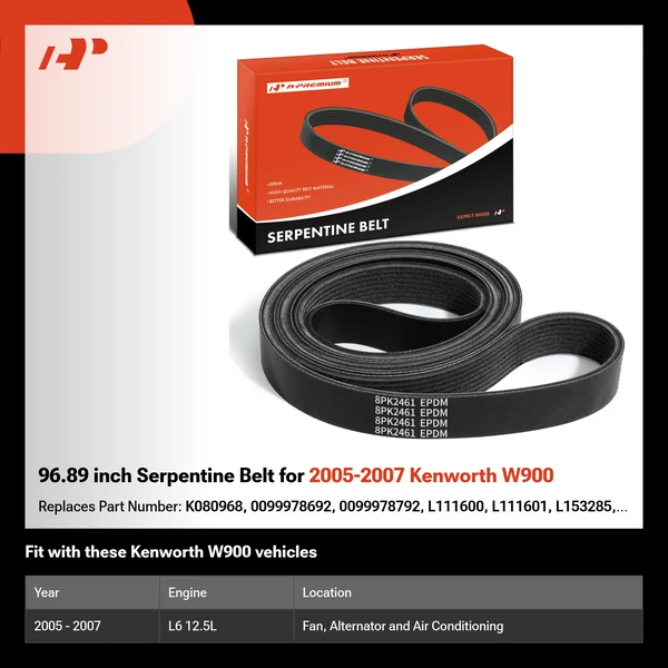 96.89 inch Serpentine Belt for 2005-2007 Kenworth W900