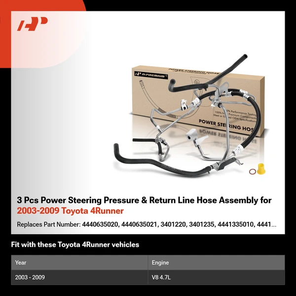 3 Pcs Power Steering Pressure & Return Line Hose Assembly for 2003-2009 Toyota 4Runner