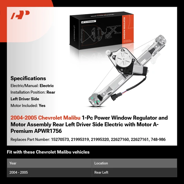 2004-2005 Chevrolet Malibu 1-Pc Power Window Regulator and Motor Assembly Rear Left Driver Side Electric with Motor A-Premium APWR1756