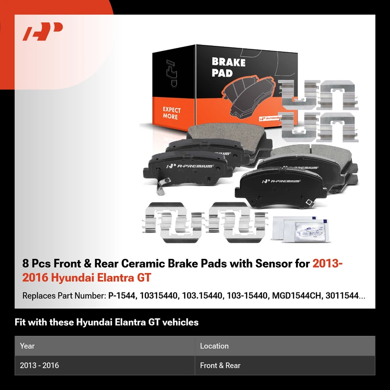 8 Pcs Front & Rear Ceramic Brake Pads with Sensor for 2013-2016 Hyundai Elantra GT
