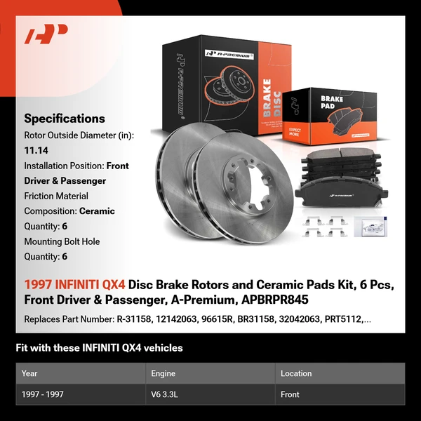 1997 INFINITI QX4 Disc Brake Rotors and Ceramic Pads Kit, 6 Pcs, Front Driver & Passenger, A-Premium, APBRPR845