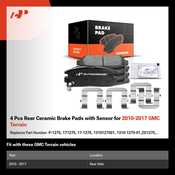 4 Pcs Rear Ceramic Brake Pads with Sensor for 2010-2017 GMC Terrain