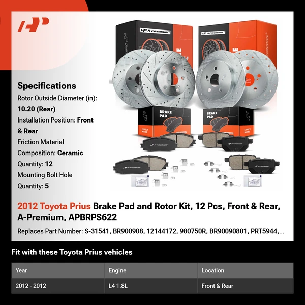 2012 Toyota Prius Brake Pad and Rotor Kit, 12 Pcs, Front & Rear, A-Premium, APBRPS622