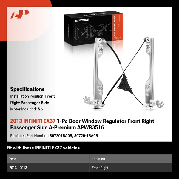 2013 INFINITI EX37 1-Pc Door Window Regulator Front Right Passenger Side A-Premium APWR3516