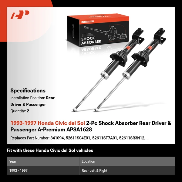 1993-1997 Honda Civic del Sol 2-Pc Shock Absorber Rear Driver & Passenger A-Premium APSA1628