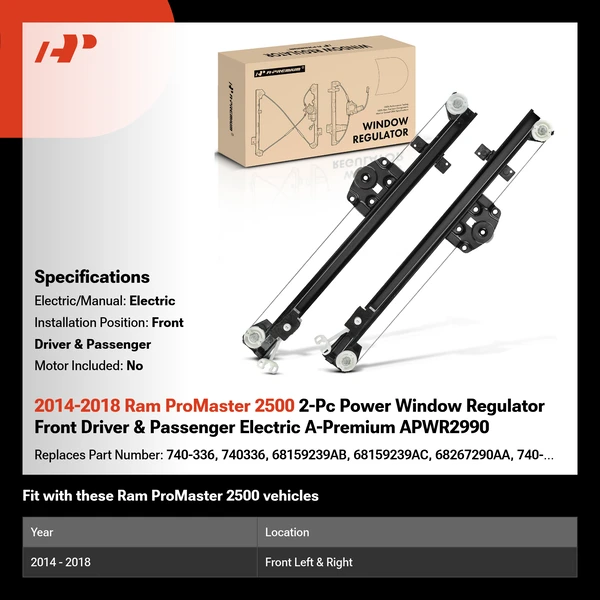 2014-2018 Ram ProMaster 2500 2-Pc Power Window Regulator Front Driver & Passenger Electric A-Premium APWR2990