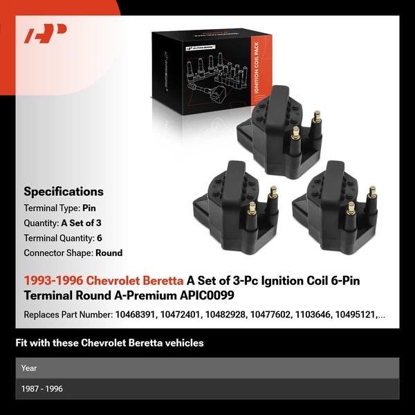 1993-1996 Chevrolet Beretta A Set of 3-Pc Ignition Coil 6-Pin Terminal Round A-Premium APIC0099