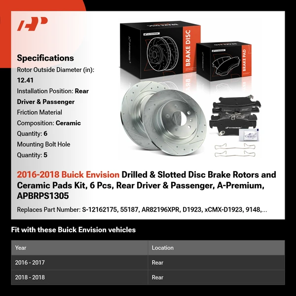 2016-2018 Buick Envision Drilled & Slotted Disc Brake Rotors and Ceramic Pads Kit, 6 Pcs, Rear Driver & Passenger, A-Premium, APBRPS1305