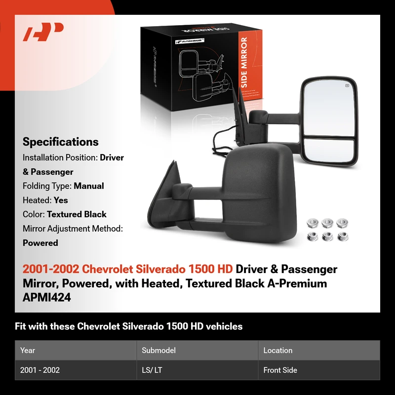 2001-2002 Chevrolet Silverado 1500 HD Driver & Passenger Mirror, Powered, with Heated, Textured Black A-Premium APMI424