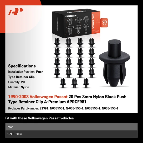 1990-2003 Volkswagen Passat 20 Pcs 8mm Nylon Black Push Type Retainer Clip A-Premium APRCF981