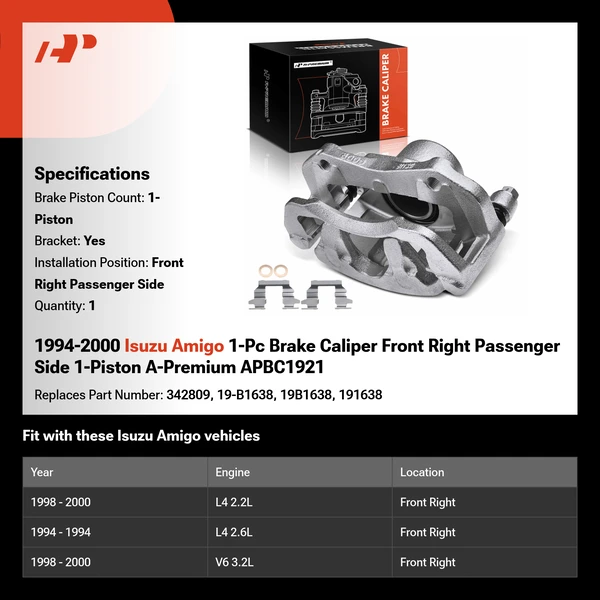 1994-2000 Isuzu Amigo 1-Pc Brake Caliper Front Right Passenger Side 1-Piston A-Premium APBC1921