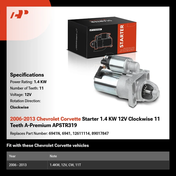 2006-2013 Chevrolet Corvette Starter 1.4 KW 12V Clockwise 11 Teeth A-Premium APSTR319