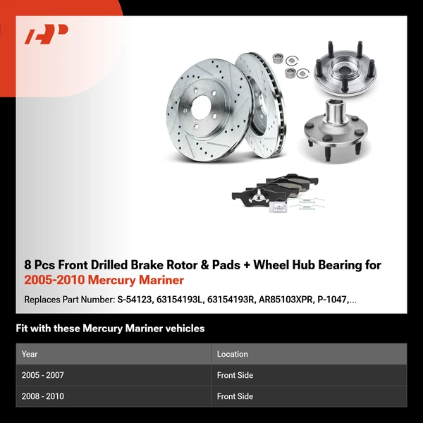 8 Pcs Front Drilled Brake Rotor & Pads + Wheel Hub Bearing for 2005-2010 Mercury Mariner
