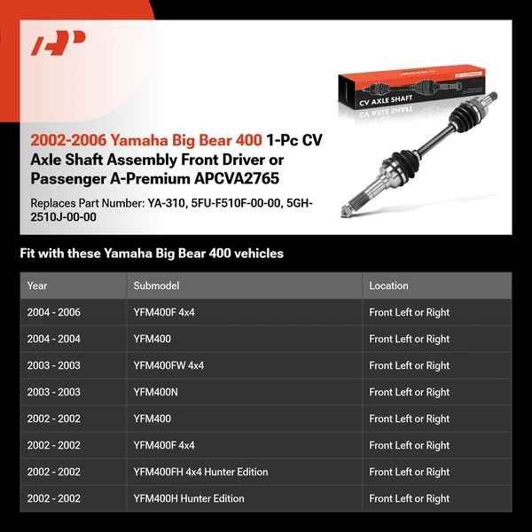 2002-2006 Yamaha Big Bear 400 1-Pc CV Axle Shaft Assembly Front Driver or Passenger A-Premium APCVA2765
