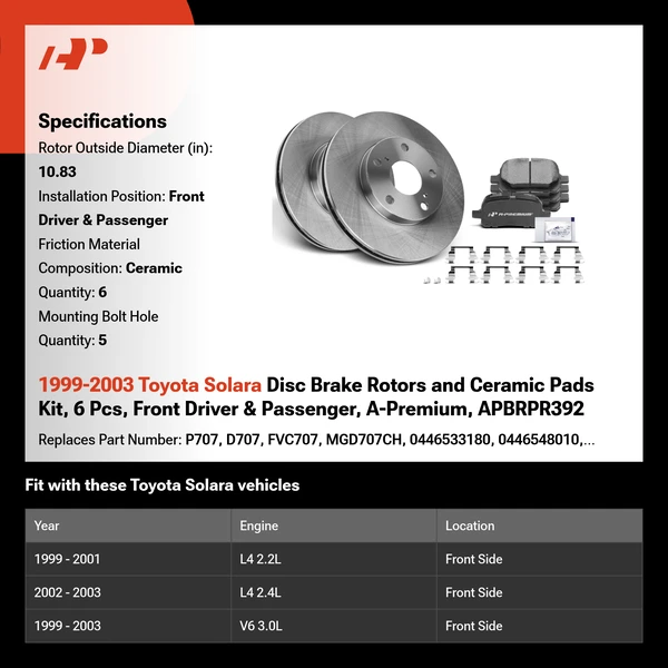 1999-2003 Toyota Solara Disc Brake Rotors and Ceramic Pads Kit, 6 Pcs, Front Driver & Passenger, A-Premium, APBRPR392