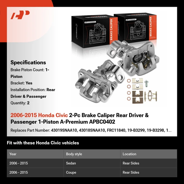 2006-2015 Honda Civic 2-Pc Brake Caliper Rear Driver & Passenger 1-Piston A-Premium APBC0402