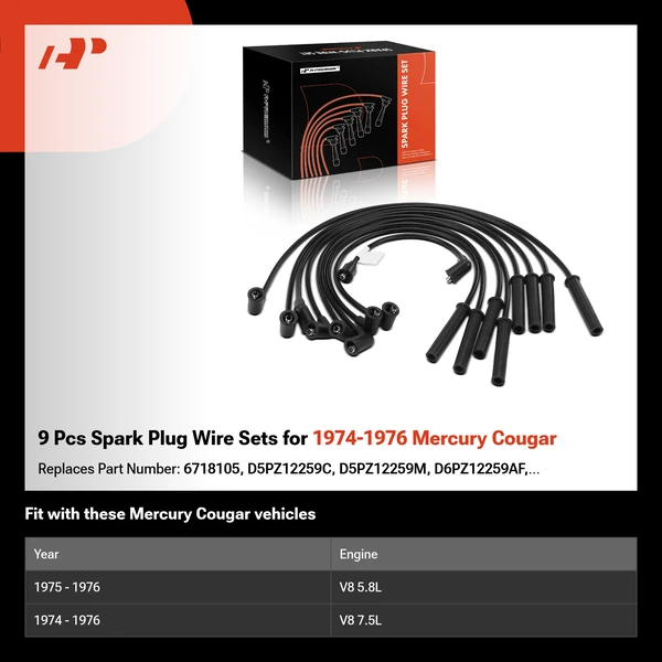 9 Pcs Spark Plug Wire Sets for 1974-1976 Mercury Cougar