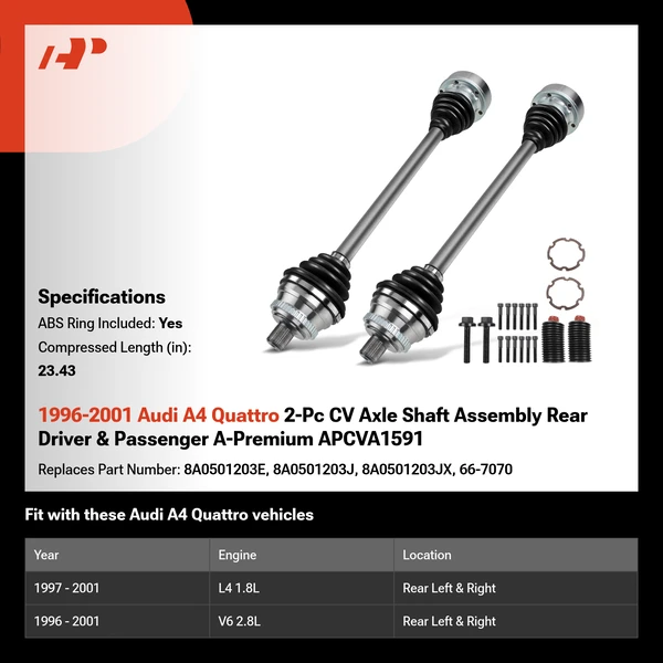 1996-2001 Audi A4 Quattro 2-Pc CV Axle Shaft Assembly Rear Driver & Passenger A-Premium APCVA1591