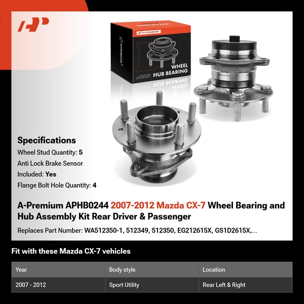 A-Premium APHB0244 2007-2012 Mazda CX-7 Wheel Bearing and Hub Assembly Kit Rear Driver & Passenger