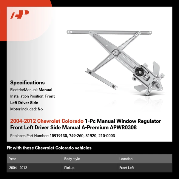 2004-2012 Chevrolet Colorado 1-Pc Manual Window Regulator Front Left Driver Side Manual A-Premium APWR0308