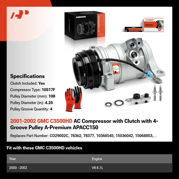 2001-2002 GMC C3500HD AC Compressor with Clutch with 4-Groove Pulley A-Premium APACC150
