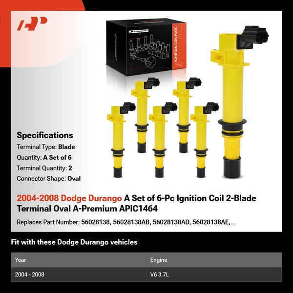 2004-2008 Dodge Durango A Set of 6-Pc Ignition Coil 2-Blade Terminal Oval A-Premium APIC1464