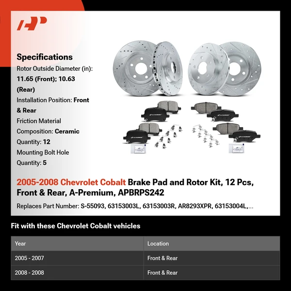 2005-2008 Chevrolet Cobalt Brake Pad and Rotor Kit, 12 Pcs, Front & Rear, A-Premium, APBRPS242