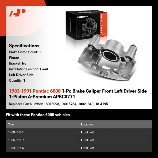 1983-1991 Pontiac 6000 1-Pc Brake Caliper Front Left Driver Side 1-Piston A-Premium APBC0771