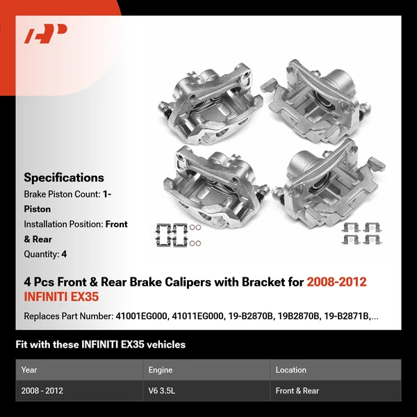 4 Pcs Front & Rear Brake Calipers with Bracket for 2008-2012 INFINITI EX35
