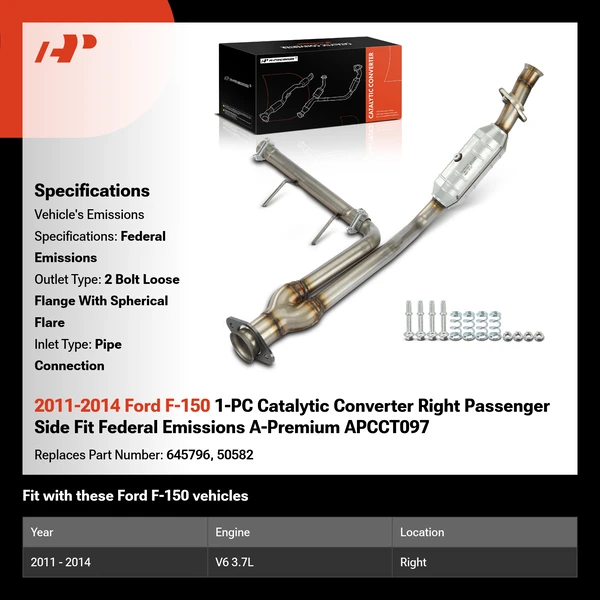 2011-2014 Ford F-150 1-PC Catalytic Converter Right Passenger Side Fit Federal Emissions A-Premium APCCT097