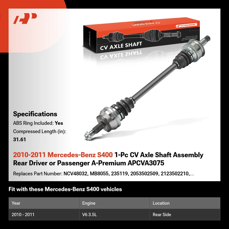 2010-2011 Mercedes-Benz S400 1-Pc CV Axle Shaft Assembly Rear Driver or Passenger A-Premium APCVA3075