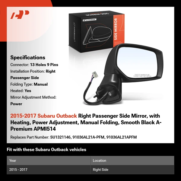 2015-2017 Subaru Outback Right Passenger Side Mirror, with Heating, Power Adjustment, Manual Folding, Smooth Black A-Premium APMI514