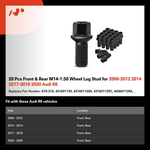 20 Pcs Front & Rear M14-1.50 Wheel Lug Stud for 2008-2012 2014 2017-2018 2020 Audi R8