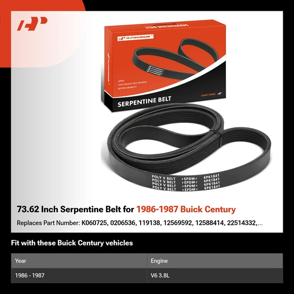 73.62 Inch Serpentine Belt for 1986-1987 Buick Century
