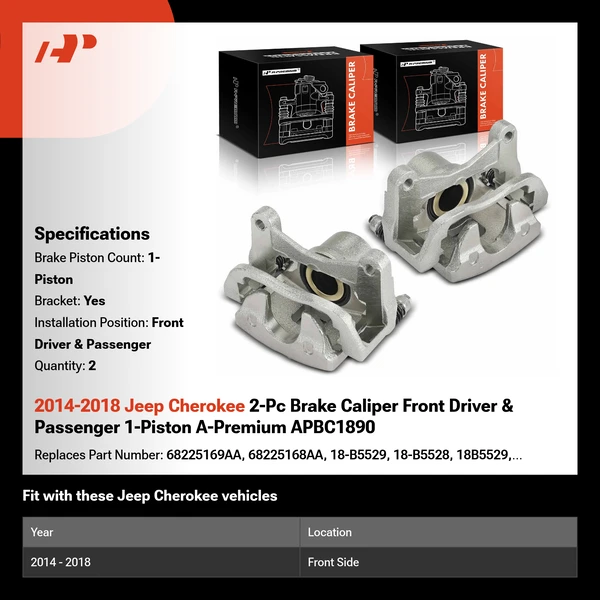 2014-2018 Jeep Cherokee 2-Pc Brake Caliper Front Driver & Passenger 1-Piston A-Premium APBC1890