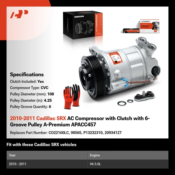 2010-2011 Cadillac SRX AC Compressor with Clutch with 6-Groove Pulley A-Premium APACC457