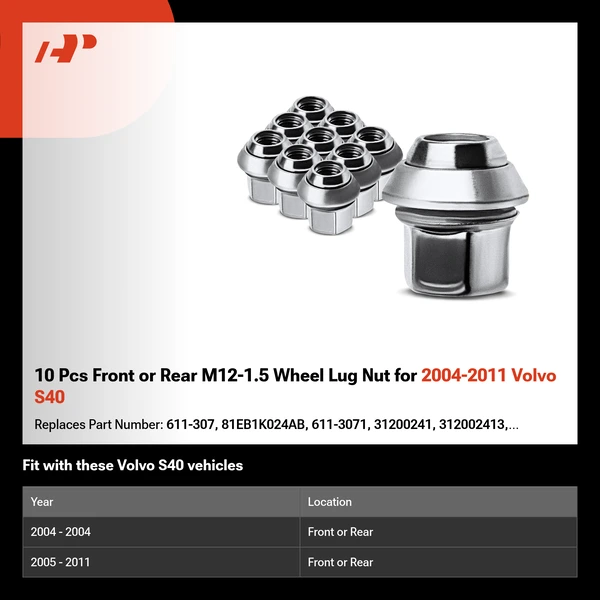 10 Pcs Front or Rear M12-1.5 Wheel Lug Nut for 2004-2011 Volvo S40